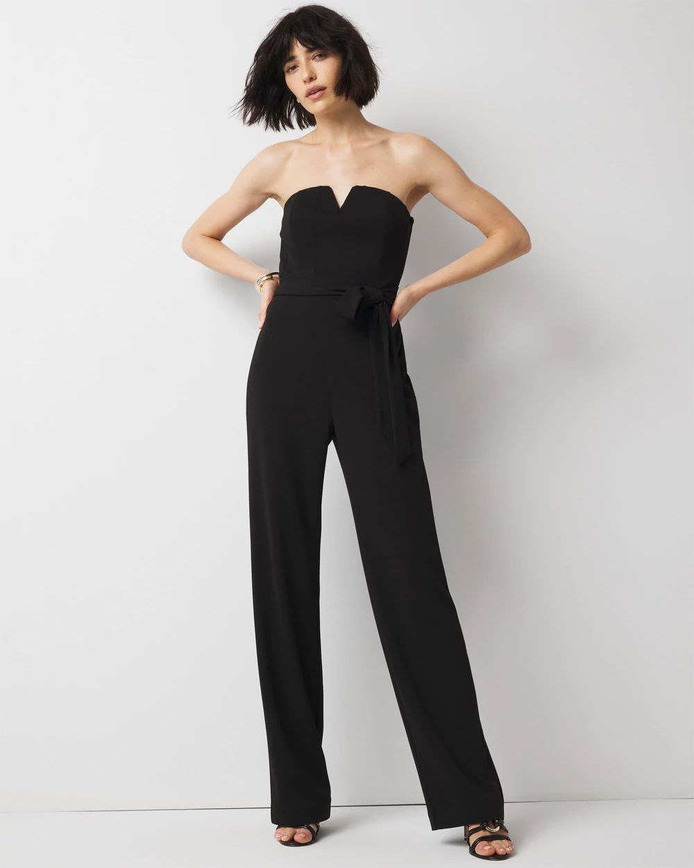 Strapless Deep V Bustier Style Wide Leg Jumpsuit